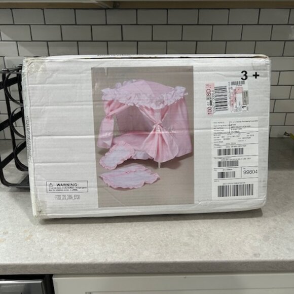 Pink Gingham Doll Bed W/ Canopy White Scroll Metal fits approx 18" NIB - Picture 3 of 5